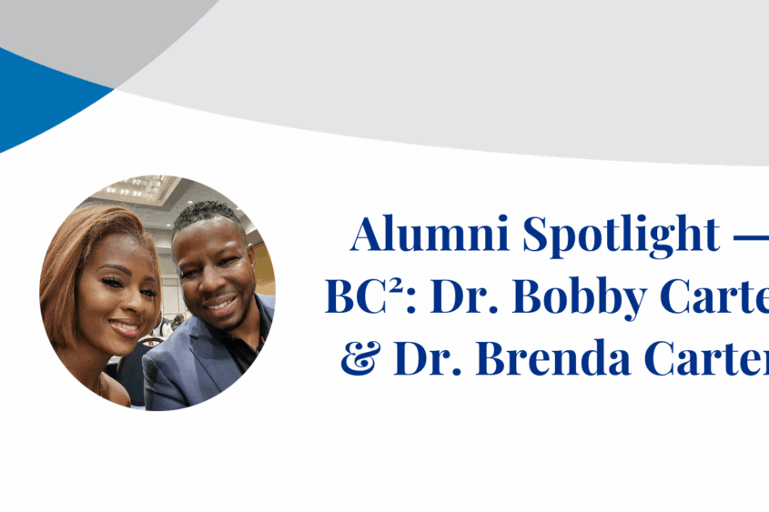 Drs. Brenda and Bobby Carter smile at the camera in a photograph inset on a banner displaying their names.