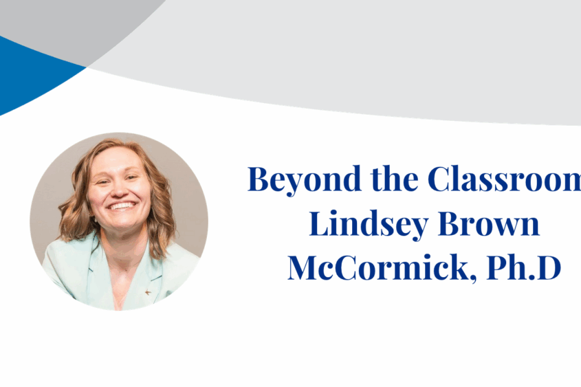 Dr. Lindsey Brown McCormick smiles at the camera in a photograph inset on a banner displaying their name.