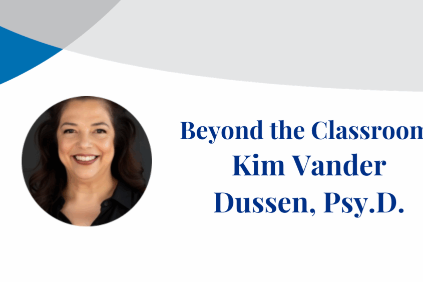 Dr. Kim Vander Dussen smiles at the camera in a photograph inset on a banner displaying their name.