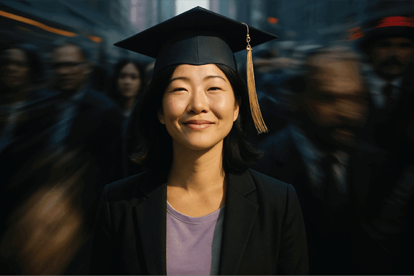 Photo of woman smiling and wearing a graduation cap.