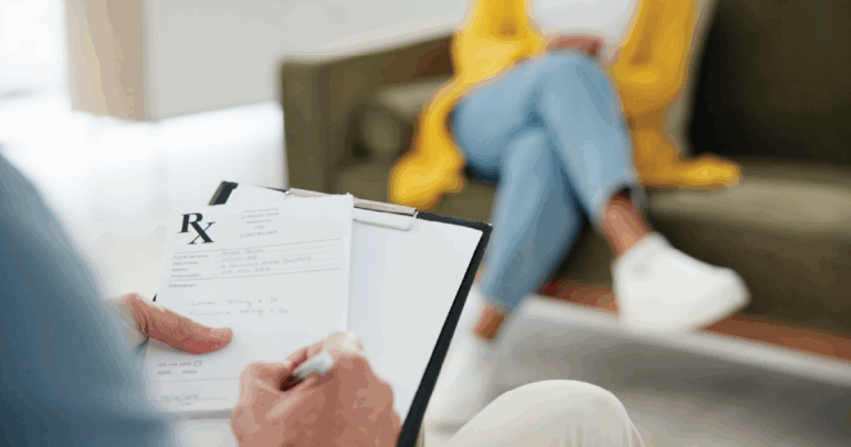 Close-up of man taking notes sitting across from a woman on couch with legs crossed.