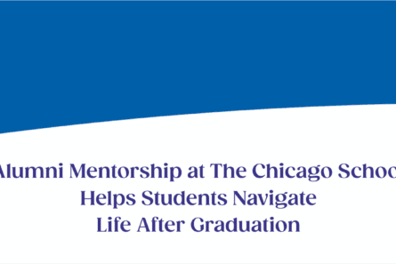 The title of the article "Alumni Mentorship at The Chicago School Helps Students Navigate Life After Graduation" appears on a banner with The Chicago School branding and colors.