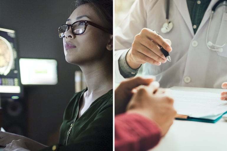 two photos, the one on the left is of a student studying for their Ph.D. and the one on the right is of a clinical psychologist