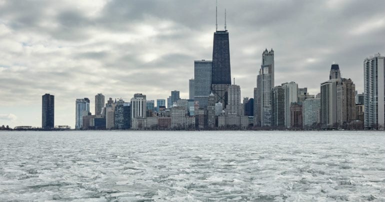 chicago skyline from the water view during winter