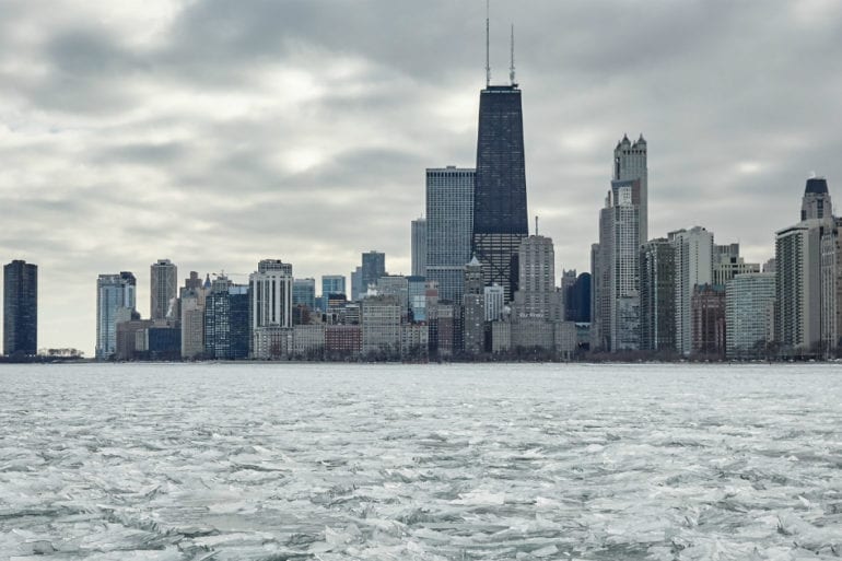 chicago skyline from the water view during winter