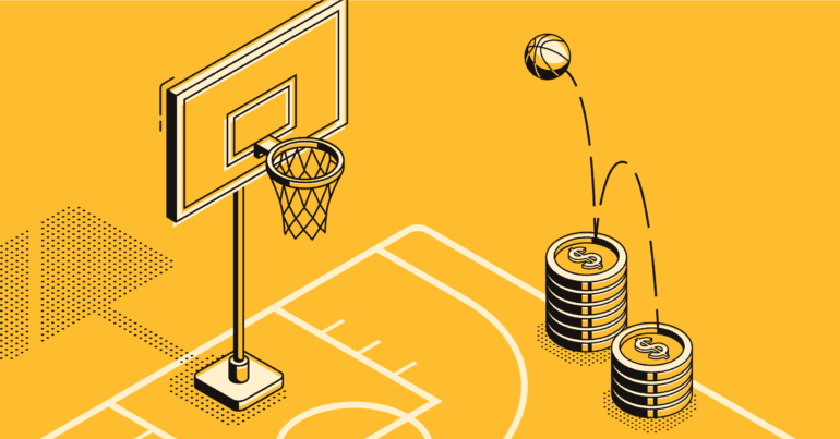 basketball bouncing off stacks of coins