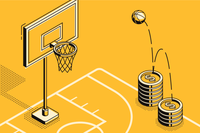 basketball bouncing off stacks of coins