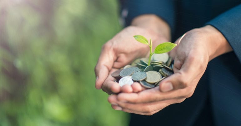 hands holding coins and a flower