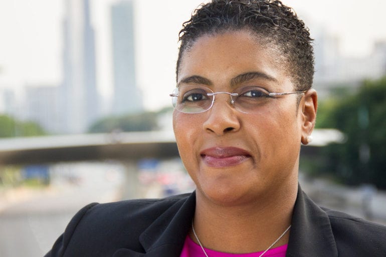 woman with small frame glasses