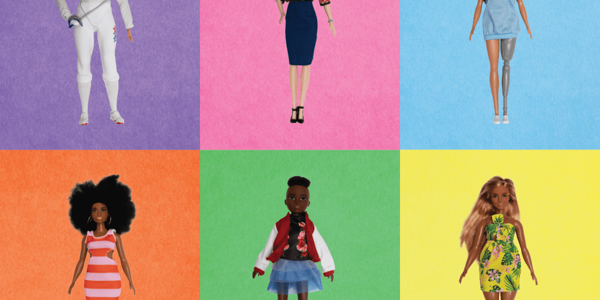 montage of six barbie dolls