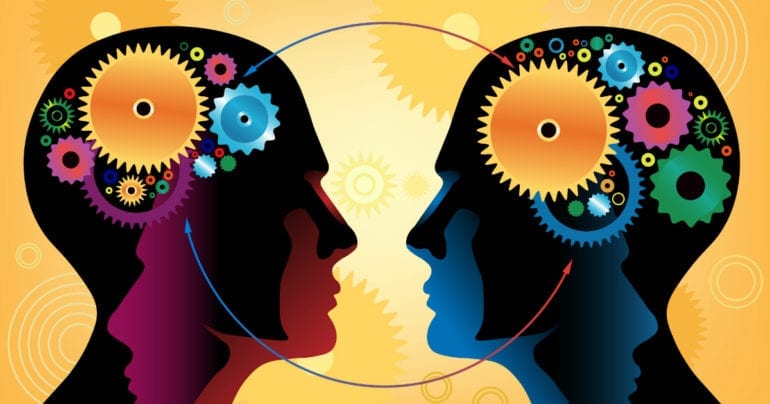 cartoon of two people with gears in their heads connecting