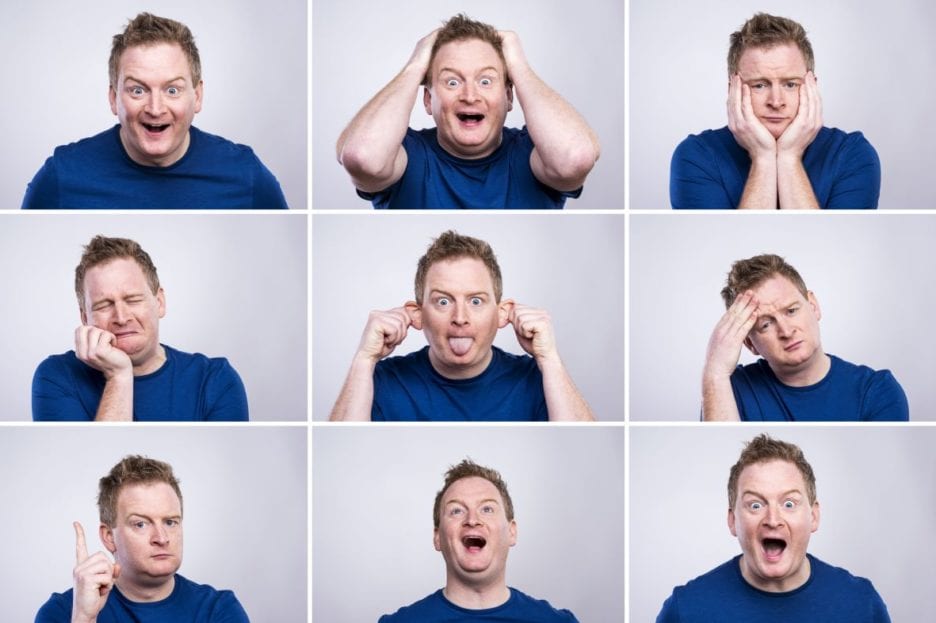 same man in 9 squares with different facial expressions