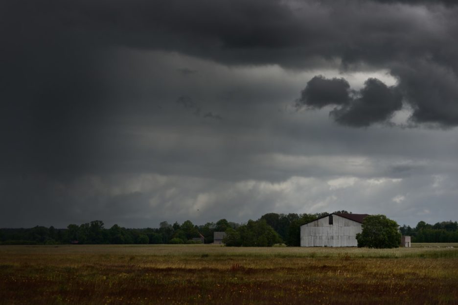 field under stormy skies