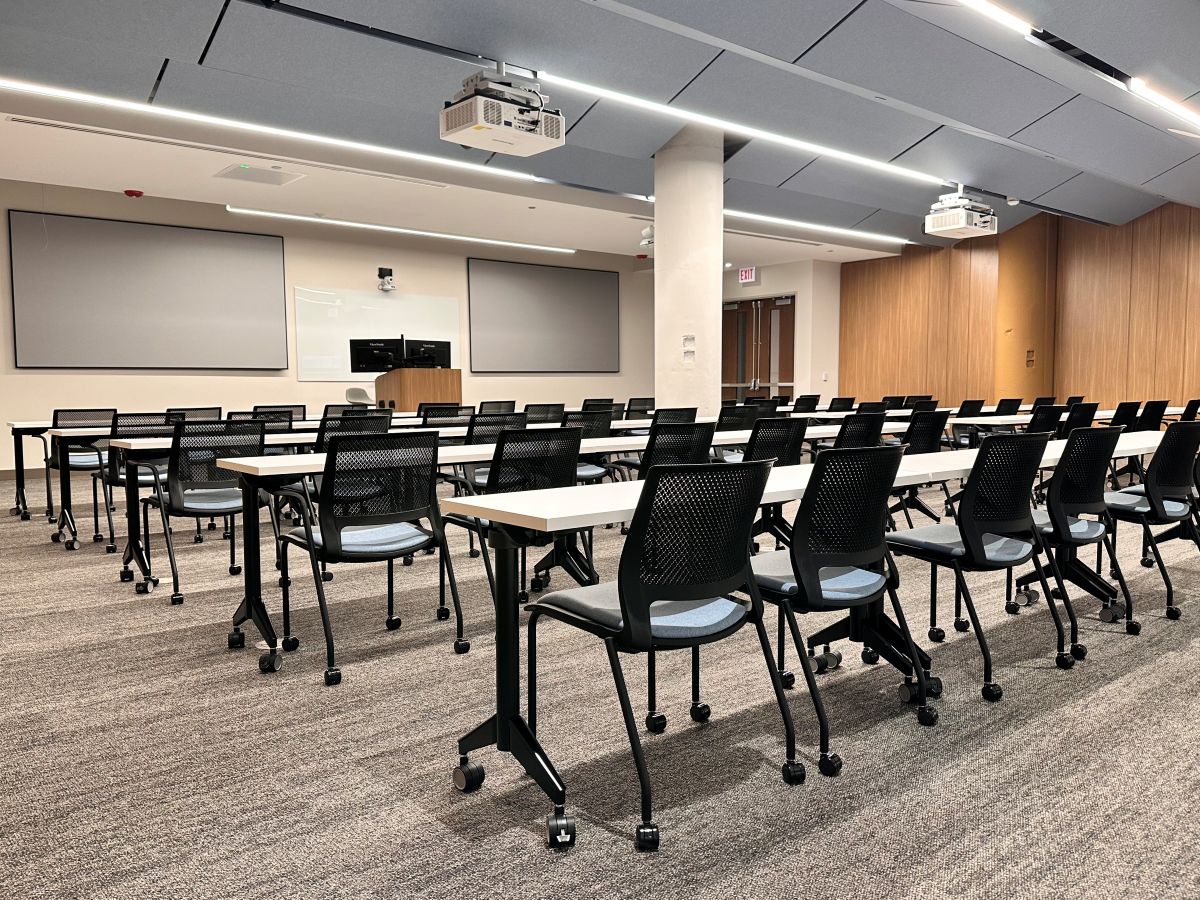 Classroom with desk and chairs